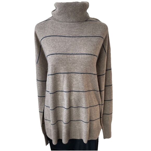 New Cashmere Turtleneck Sweater Nordstrom in Beige and Navy Spaced Stripe Large - Picture 4 of 5